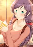  blush breasts casual cleavage cup green_eyes jewelry large_breasts long_hair looking_at_viewer love_live! love_live!_school_idol_project low_twintails necklace purple_hair smile solo steam toujou_nozomi twintails wakataku 