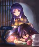  1girl black_hair blue_eyes blue_hair closed_eyes couple hiradaira_chisaki kihara_tsumugu lamp long_hair nagi_no_asukara nanaribon paper pen short_hair sleeping 