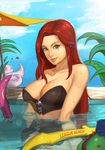  ahri beach bra breasts cleavage green_eyes happy katarina katarina_du_couteau large_breasts league_of_legends pool red_hair riot_games scar shy smile sweat tree umbrella underwear 