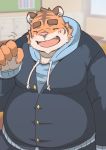  2015 anthro belly blush clothing eyes_closed feline humanoid_hands kota&acute; male mammal overweight overweight_male pantherine pants pink_nose shirt solo tiger 