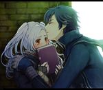  1girl blue_hair blush book closed_eyes female_my_unit_(fire_emblem:_kakusei) fire_emblem fire_emblem:_kakusei forehead_kiss fukune gloves hetero kiss krom long_hair my_unit_(fire_emblem:_kakusei) robe short_hair twintails white_hair yellow_eyes 