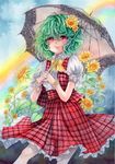  bow cloud cloudy_sky colored_pencil_(medium) flower glint green_hair hair_flower hair_ornament hands_clasped highres interlocked_fingers kazami_yuuka lips looking_at_viewer mosho open_clothes open_vest own_hands_together paint_(medium) parasol plaid plaid_skirt plaid_vest puffy_short_sleeves puffy_sleeves rainbow red_eyes short_hair short_sleeves skirt sky smile solo sunflower touhou traditional_media umbrella vest water_drop watercolor_(medium) wrist_cuffs 