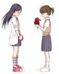  &gt;_&lt; black_hair blood blood_on_fingers bloody_hands blush bow brown_hair closed_eyes converse dddoochi1 heart_(organ) labcoat long_hair multiple_girls original ponytail school_uniform shoes simple_background sneakers socks striped striped_legwear too_literal turn_pale vest white_background you're_doing_it_wrong yuri 