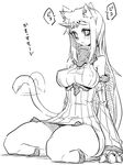  animal_ears bare_shoulders blush breasts cat_ears cat_tail claws detached_sleeves dress greyscale horn jin_(mugenjin) kantai_collection kemonomimi_mode large_breasts long_hair looking_at_viewer monochrome ribbed_dress ribbed_sweater seaport_hime shinkaisei-kan short_dress sideboob simple_background solo sweater sweater_dress tail translation_request white_background 