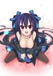  :d bare_shoulders black_hair black_legwear blush breasts cleavage full_body hair_ribbon highres jewelry large_breasts long_hair looking_at_viewer necklace neptune_(series) noire number open_mouth padocchi_(kurokitsune) pantyhose red_eyes ribbon sitting smile solo star twintails very_long_hair 