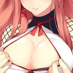  breasts chiyome_(p&amp;d) cleavage close-up dean fishnets grin hair_tubes head_out_of_frame large_breasts long_hair parted_lips pink_hair puzzle_&amp;_dragons shirt_pull smile solo 