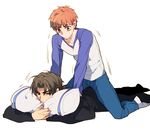  brown_hair emiya_shirou fate/stay_night fate_(series) kotomine_kirei massage multiple_boys orange_hair pillow pinki_(shounenkakuseiya) 