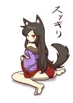  absurdres animal_ears ass bare_shoulders blush brown_hair feet highres imaizumi_kagerou long_hair looking_at_viewer looking_back panties red_eyes red_panties sitting skirt smile soles solo tail toes touhou underwear wariza wolf_ears wolf_tail zannen_na_hito 
