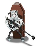  blush boots butterfly_hair_ornament chaika_trabant cheken coffin dress frills gun hair_ornament hairband hitsugi_no_chaika lolita_hairband long_hair looking_at_viewer platform_footwear purple_eyes ribbon rifle silver_hair smile sniper_rifle solo thigh_boots thighhighs weapon 