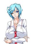  1girl blue_eyes blue_hair breasts cardfight!!_vanguard female huge_breasts kanten lips tatsunagi_suiko uniform wink 