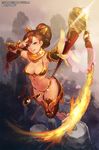  armor bikini_armor blue_eyes breasts brown_hair cleavage hips instant_ip large_breasts long_hair looking_at_viewer million_lore navel o-ring parted_lips polearm smile solo thighs weapon 