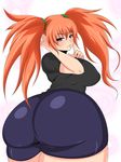  1girl artist_request ass bike_shorts blush breasts from_behind huge_ass huge_breasts long_hair looking_at_viewer open_mouth orange_hair original purple_eyes revolve sideboob smile twintails 