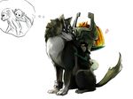  1girl alderion-al anger_vein angry blue_eyes earrings helmet imp jewelry link link_(wolf) midna nintendo pointy_ears red_eyes straddling the_legend_of_zelda the_legend_of_zelda:_twilight_princess thought_bubble twilight_princess wolf 