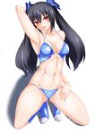  abs armpits bikini black_hair boots breasts cleavage highres long_hair looking_at_viewer medium_breasts navel neptune_(series) noire parted_lips red_eyes shiny shiny_skin solo squatting swimsuit tamaki_(tamaki_pic) twintails 