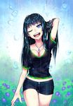  ;d belly_peek black_hair blue_eyes breasts cleavage earrings field flower flower_field hand_in_hair highres hime_cut jewelry long_hair medium_breasts midriff navel necklace one_eye_closed open_mouth original rain samael_(5211) shirt short_shorts shorts smile solo t-shirt thigh_gap wet wet_clothes wet_hair 
