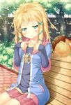  bench black_bullet blonde_hair blue_eyes blush eating hair_ornament highres hood hoodie long_sleeves olive_(laai) short_over_long_sleeves short_sleeves sitting skirt solo tina_sprout tree 