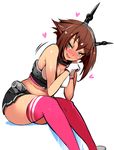 belly blush breasts brown_hair cleavage green_eyes heart highres kantai_collection large_breasts mutsu_(kantai_collection) nac000 navel pink_legwear short_hair sitting smile solo thighhighs thighs 