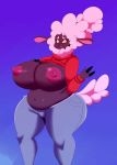  anthro big_breasts breasts caprine clothed clothing clothing_lift dark_skin female fur hair huge_breasts mammal pink_fur pink_hair pokebii sheep sheep_mom shirt shirt_lift simple_background slightly_chubby wide_hips wool yellow_eyes 