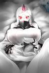  bad_id bad_pixiv_id breasts dress dress_lift glowing glowing_eyes gomio_(bb-k) highres horn huge_breasts kantai_collection lying on_back on_bed red_eyes ribbed_dress seaport_hime shinkaisei-kan short_dress sweat white_hair white_skin 