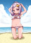  armpits beach crescent crescent_hair_ornament day hair_ornament horizon kneeling light_rays long_hair mayuge_inu navel patchouli_knowledge purple_eyes purple_hair solo sunbeam sunlight swimsuit tan touhou younger 