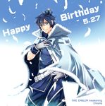  blue_background blue_eyes blue_hair cape copyright_name crown dated feathers fire_emblem fire_emblem:_kakusei fur_trim gloves hand_on_hip happy_birthday kokoron450 krom male_focus smile sparkle 