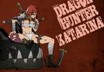  bandages bling_(wnsdud34) blood boots breasts budget_sarashi cleavage dragon green_eyes katarina_du_couteau knife large_breasts league_of_legends long_hair panties red_hair sarashi scar thighhighs torn_clothes torn_legwear underwear underwear_only weapon white_panties 