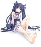  bare_legs bare_shoulders barefoot blue_hair blush breasts cleavage detached_sleeves feet full_body hair_ornament hair_ribbon large_breasts legs long_hair minagi navel neptune_(series) noire red_eyes ribbon shadow simple_background sitting skirt smile soles solo toes twintails very_long_hair white_background 