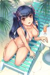  barefoot bikini blue_hair blush breasts brown_eyes chair cleavage drink hair_ribbon highres large_breasts long_hair looking_at_viewer lounge_chair micro_bikini navel original parted_lips ribbon shiny shiny_skin solo strap_gap swimsuit twintails youbou 