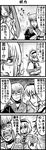  2girls 4koma alice_margatroid bare_arms blush capelet choker collarbone comic crossed_arms enokuma_uuta greyscale hand_on_another's_shoulder hatsune_miku highres long_sleeves looking_at_another monochrome morichika_rinnosuke multiple_girls necktie open_mouth outdoors school_uniform serafuku short_hair skirt sparkle standing table touhou translated twintails vocaloid 
