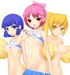  3girls artist_request blonde_hair blue_eyes blue_hair blush bow breasts character_request cheerleader copyright_request crop_top female hair_bow hair_ornament heart heart-shaped_pupils large_breasts long_hair miniskirt monakataberu multiple_girls navel nipples no_bra no_panties nude open_mouth pink_hair pom_poms ponytail red_eyes shirt_lift short_hair simple_background skirt small_breasts smile source_request symbol-shaped_pupils topless undressing white_background yellow_eyes 