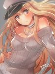  anchor bare_shoulders bismarck_(kantai_collection) blonde_hair blue_eyes blush breasts hat kantai_collection large_breasts long_hair looking_at_viewer military military_hat peaked_cap ribbed_sweater solo sweater yumi_yumi 