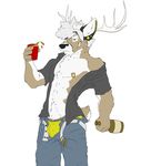  antlers bastion beverage bulge cervine clothing deer ear_piercing eyebrow_piercing facial_piercing furry-specific_piercing gauged_ear gauges horn male mammal mnty muzzle_piercing nipple_piercing nipples nose_piercing open_shirt piercing shirt solo standing underwear unzipped 