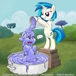  blue_hair bucket bushes cloud disgust duo equine friendship_is_magic goo grass grin hair horn horse mammal my_little_pony navel octavia_(mlp) open_mouth pony public sky smudge_proof standing_up stool teeth tongue tree vinyl_scratch_(mlp) vinyl_scratch_(mlp)mlp wood 