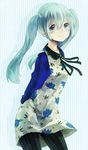  bad_id bad_pixiv_id dress floral_print green_eyes green_hair hatsune_miku long_hair nonoharak pantyhose print_dress solo striped striped_background twintails vocaloid 