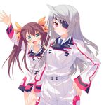  arms_up blush brown_hair eyepatch green_eyes hair_ribbon hand_on_hip huang_lingyin infinite_stratos laura_bodewig long_hair looking_at_viewer multiple_girls open_mouth red_eyes ribbon school_uniform silver_hair simple_background twintails white_background yoyoyotto 