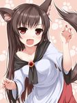  animal_ears blush brooch brown_hair claw_pose dress fang fingernails highres imaizumi_kagerou jewelry long_hair long_sleeves looking_at_viewer nail_polish open_mouth outline paw_print red_eyes smile solo sweatdrop tail tokugawa_landine touhou wolf_ears wolf_tail 