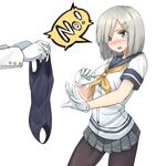  1girl admiral_(kantai_collection) blue_eyes blush bob_cut cuff_links english gloves hair_ornament hair_over_one_eye hairclip hamakaze_(kantai_collection) holding holding_swimsuit kantai_collection nazunakku no outstretched_hand pantyhose pleated_skirt ribbon school_swimsuit school_uniform serafuku short_sleeves silver_hair simple_background skirt sweat swimsuit 