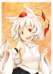  animal_ears bare_shoulders detached_sleeves hat inubashiri_momiji kokutei_n looking_at_viewer midriff open_mouth pom_pom_(clothes) red_eyes short_hair silver_hair solo tail tokin_hat touhou wolf_ears wolf_tail 