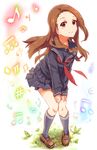  accent_mark bass_clef beamed_eighth_notes beamed_sixteenth_notes brown_eyes brown_hair eighth_note eighth_rest fermata flat_sign half_note highres idolmaster idolmaster_(classic) long_hair minase_iori musical_note nagakura_(seven_walkers) quarter_note school_uniform sharp_sign sixteenth_note smile solo treble_clef 
