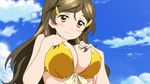  1girl bikini breast_suppress breasts brown_hair hair_ornament hairclip huge_breasts long_hair screencap shinomiya_himawari smile solo swimsuit vividred_operation yellow_eyes 