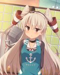  amatsukaze_(kantai_collection) anchor_symbol apron arms_behind_back blonde_hair blush brown_eyes cooking dress hair_tubes kantai_collection long_hair rensouhou-kun sailor_dress shinopoko solo triangle_mouth turret two_side_up wall 