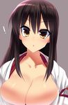  :o absurdres black_hair breasts brown_eyes cleavage close-up collarbone dragonmaterial eyebrows_visible_through_hair grey_background highres japanese_clothes large_breasts long_hair miko no_nipples parted_lips simple_background solo tsurime 