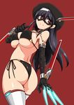  ass bikini black_bikini black_hair breasts cyborg dimples_of_venus elbow_gloves gloves hat kagaku_touki_silver_raina large_breasts long_hair looking_back original red_bikini red_eyes side-tie_bikini simple_background skindentation solo swimsuit thighhighs tokihama_jirou twisted_torso white_legwear 