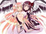  akemi_homura akuma_homura argyle argyle_legwear bad_id bad_pixiv_id bare_shoulders black_gloves black_hair blush bow bow_panties choker dress elbow_gloves feathered_wings flat_chest gloves hair_bow hand_in_panties holding_hand kaname_madoka lace lace-trimmed_panties long_hair looking_at_another mahou_shoujo_madoka_magica mahou_shoujo_madoka_magica_movie multiple_girls nipples panties pink_hair purple_eyes simple_background smile spoilers thighhighs two_side_up ultimate_madoka underwear white_background white_panties wings yellow_eyes yuri zettai_ryouiki 