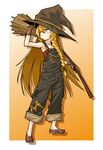 adjusting_clothes adjusting_hat alternate_costume arm_up armpits bad_id bad_pixiv_id bare_arms bare_shoulders blonde_hair braid broom brown_gloves chemise collarbone gloves hat kirisame_marisa long_hair namakara_exe overalls single_braid solo touhou very_long_hair witch_hat yellow_eyes 