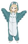  animal_costume barefoot bird black_bullet blonde_hair blue_eyes blush cosplay full_body hair_ornament head_tilt kigurumi looking_at_viewer nectar_(fujiya) owl owl_costume pajamas short_hair simple_background solo standing tina_sprout toes white_background x_hair_ornament 