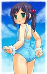  adjusting_clothes adjusting_swimsuit ass black_hair blush child green_eyes looking_at_viewer mizuno_mumomo one-piece_swimsuit original short_hair solo swimsuit twintails 