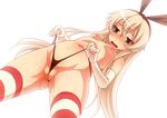  black_panties blush breasts elbow_gloves gloves green_eyes highleg highleg_panties kantai_collection kneehighs long_hair panties panty_lift petite pussy rokko shimakaze_(kantai_collection) small_breasts solo striped striped_legwear thighhighs thong topless underwear underwear_only wedgie 