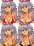  1girl bangs bare_shoulders bikini black_bikini bow breasts collarbone commentary_request eyebrows_visible_through_hair eyelashes fujiwara_no_mokou hair_bow halterneck large_breasts lips long_hair looking_at_viewer multiple_views red_bikini red_eyes shinburu shrug silver_hair simple_background swimsuit touhou white_background white_bikini white_bow yellow_bikini 