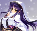  armor bangs black_hair breasts brown_eyes closed_mouth copyright_request dragonmaterial eyebrows_visible_through_hair floral_print japanese_armor kote large_breasts long_hair long_sleeves looking_at_viewer purple_hair sash smile snowflakes snowing solo turtleneck upper_body veil yellow_eyes 
